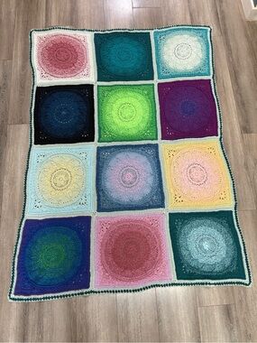 Hand crafted Colorful Crochet Granny Square Blanket -ombré fine crochet